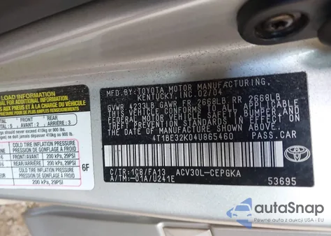 2004 Toyota Camry Xle z USA, uszkodzony, nr VIN 4T1BE32K04U865460